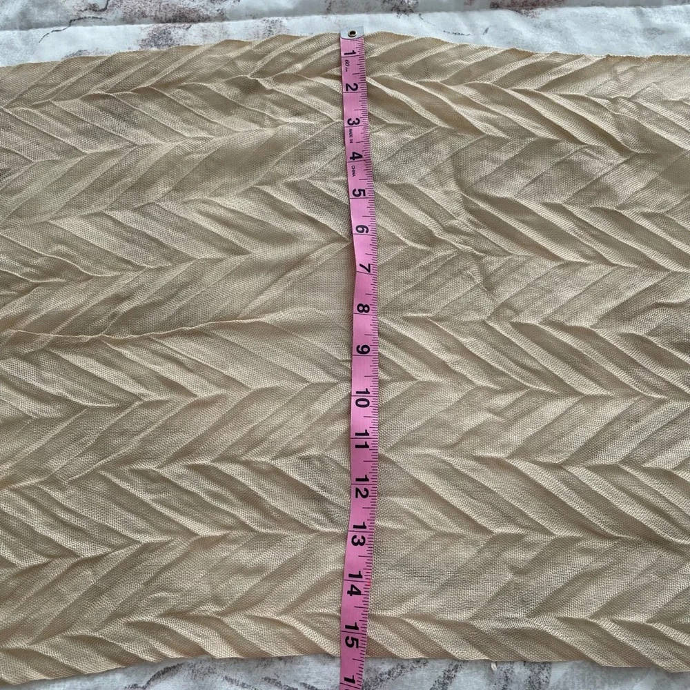 Beige pleated textured acrylic semi sheer scarf with fringe trim, size 69»x15”